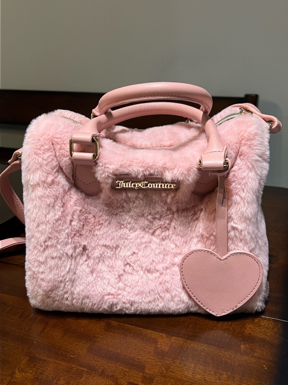 Juicy Couture Soft Pink Faux Fur Satchel with Heart Tag